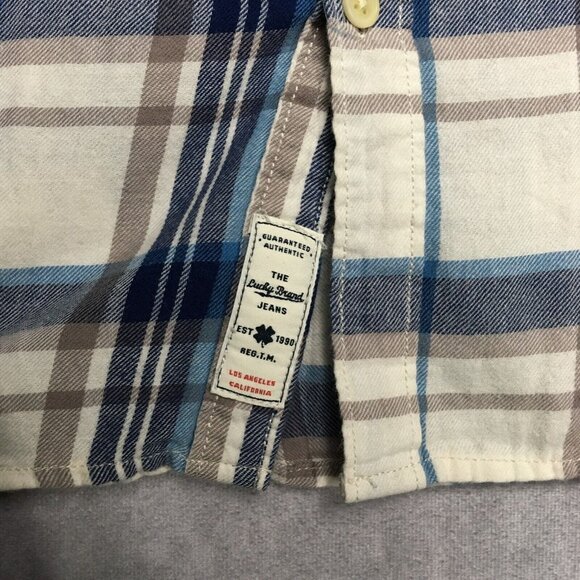 Lucky Brand Men Button Up Plaid Shirt size XL Short Sleeve Blue White California - Picture 5 of 15